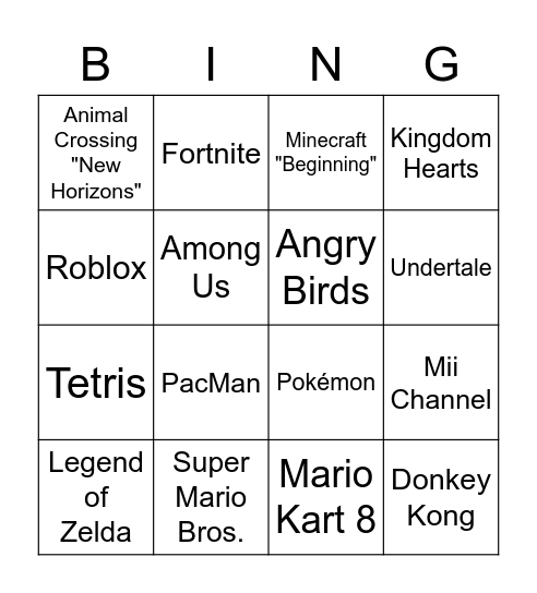 Video Game Music Bingo Card