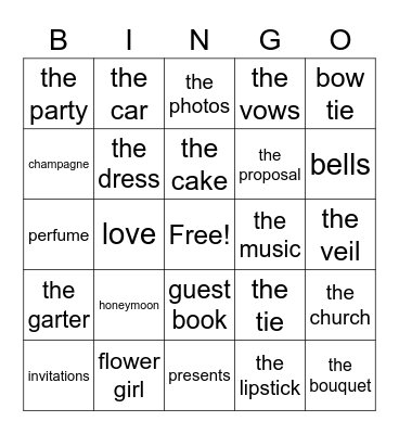 bridal Bingo Card