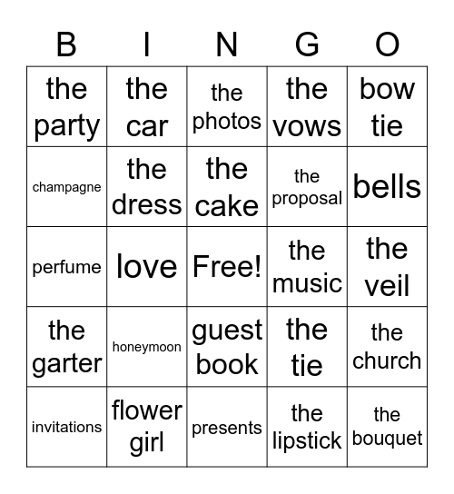 bridal Bingo Card