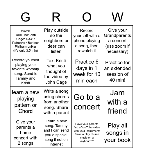 GROW Bingo Card