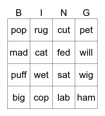 CVC words bingo Card