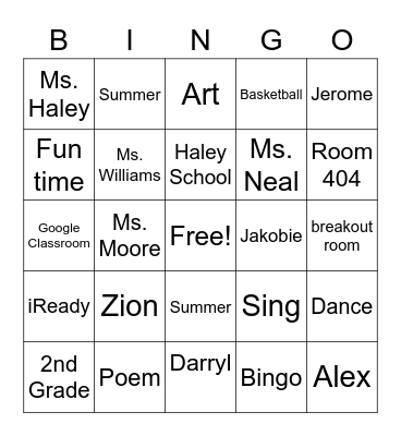 Last day of School Bingo Card