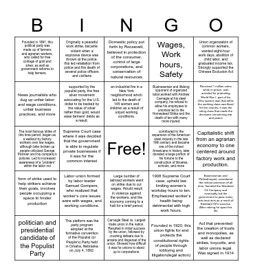 Labor Unions and Populism 1870s-1920 Bingo Card