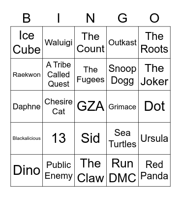 Pixar, Purple & Hip Hop Bingo Card