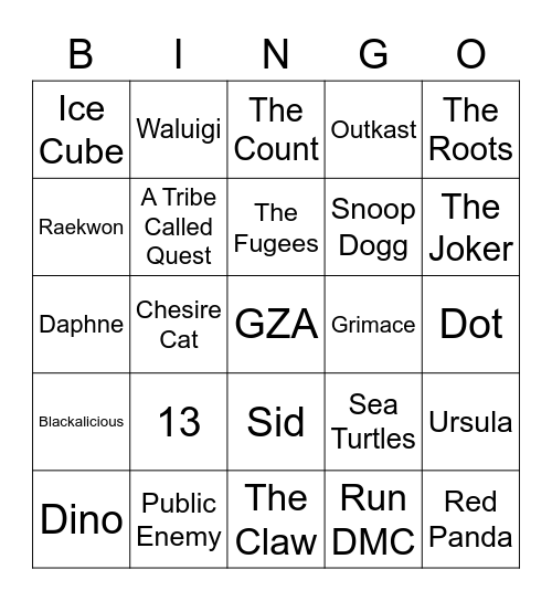 Pixar, Purple & Hip Hop Bingo Card