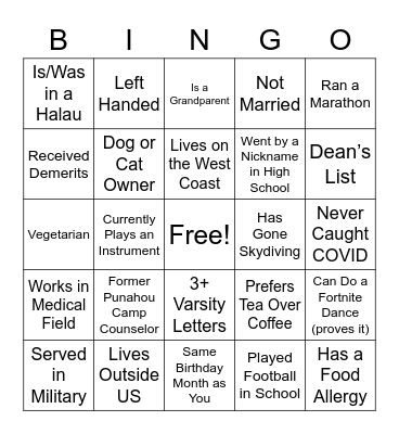 Class of '98 Pau Hana BINGO Card