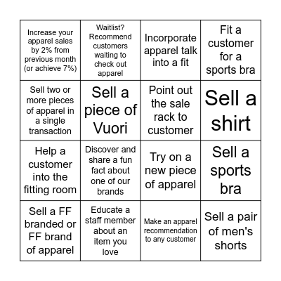 Apparel Bingo Card