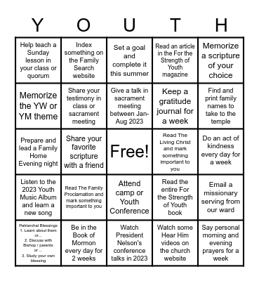 Summer Youth Challenge 2023 Bingo Card