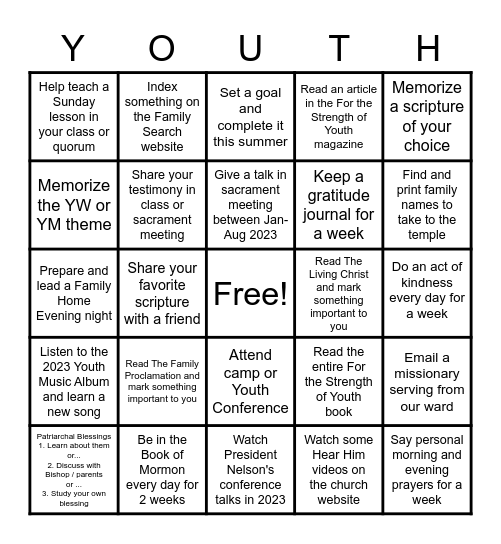 Summer Youth Challenge 2023 Bingo Card