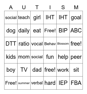autism supplement Bingo Card