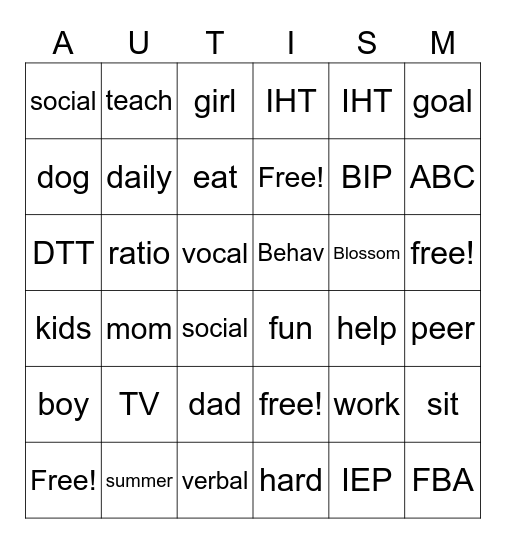 autism supplement Bingo Card