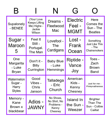 Summer Songs 1 Bingo Card