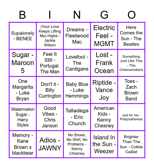 Summer Songs 1 Bingo Card