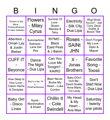Summer Songs 2 Bingo Card