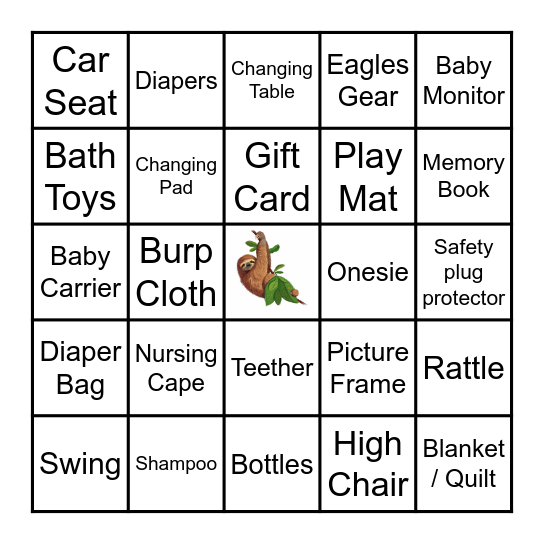 Sloth-themed Baby Shower Bingo Card