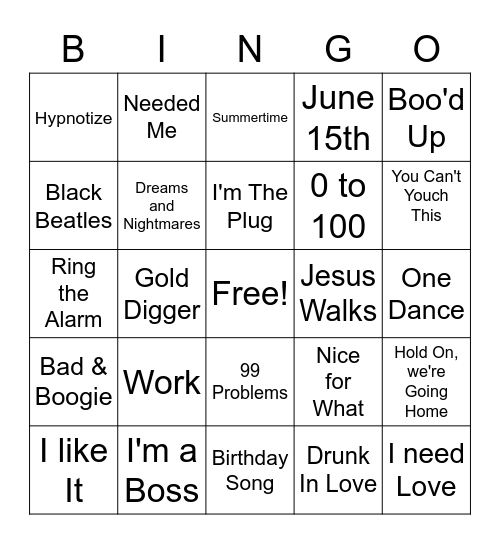 Hip Hop & Pop & R&B Mix Up Bingo Card