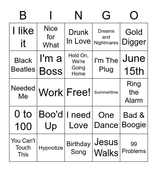 Hip Hop & Pop R&B Mix Up Bingo Card