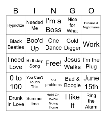 Hip Hop & Pop R&B Mix Up Bingo Card