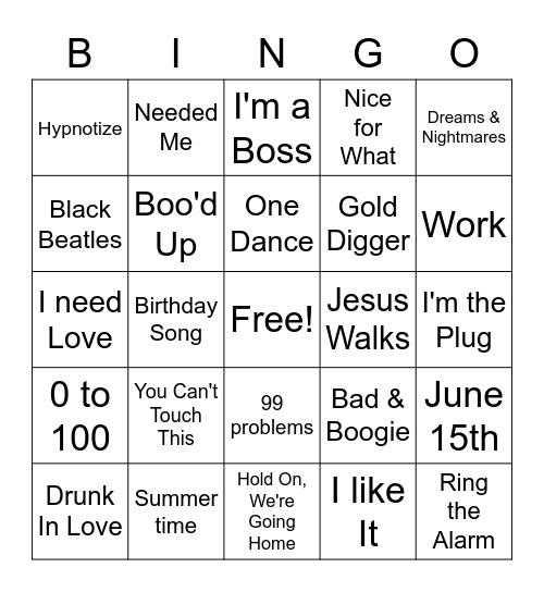 Hip Hop & Pop R&B Mix Up Bingo Card