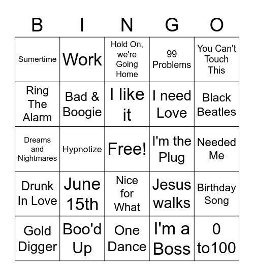 Hip Hop & Pop R&B Mix Up Bingo Card