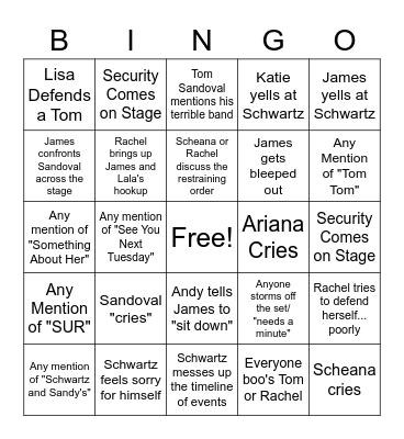 Vanderpump Rules Reunion BINGO Card