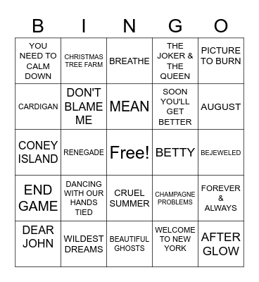 TAYLOR SWIFT: Round One Bingo Card