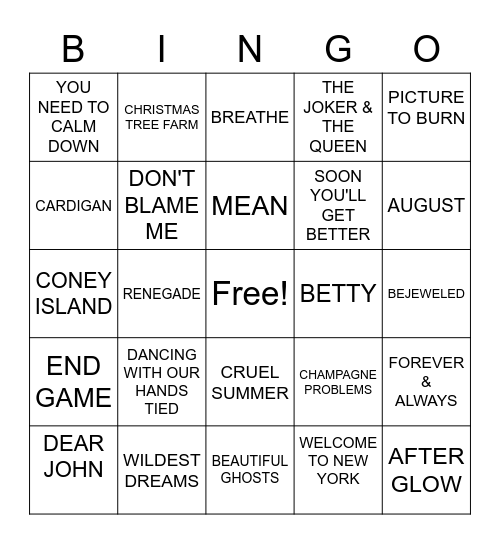 TAYLOR SWIFT: Round One Bingo Card