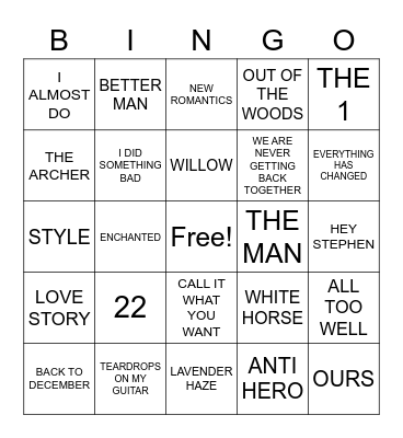 TAYLOR SWIFT: Round Four Bingo Card