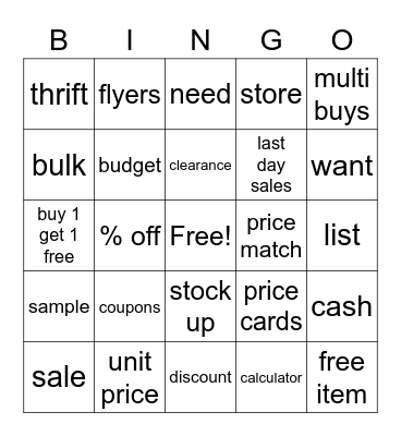 Saving Money Bingo Card