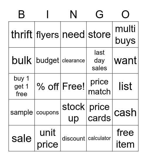 Saving Money Bingo Card