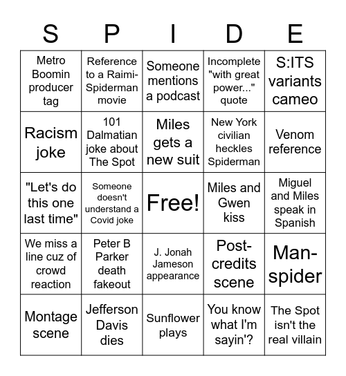 Spiderman: Across the Spiderverse Bingo Card