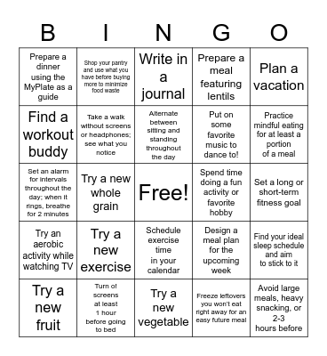 Healthy Living Bingo Card