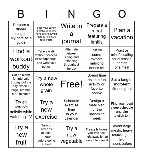 Healthy Living Bingo Card