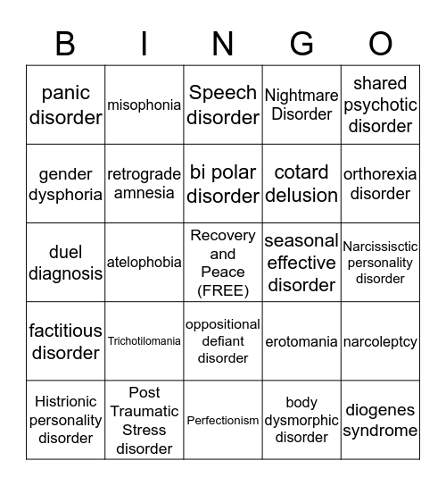 Mental Health Awareness Bingo Card