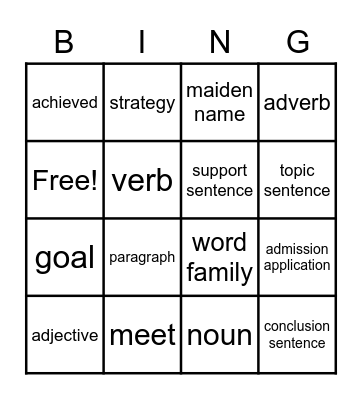 PreUnit Vocabulary Bingo Card