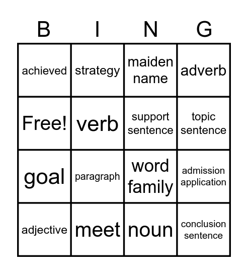 PreUnit Vocabulary Bingo Card