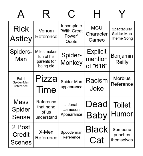 Spider-Verse BiGNO Bingo Card