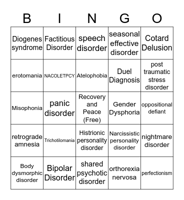 Mental Health Awareness Bingo Card