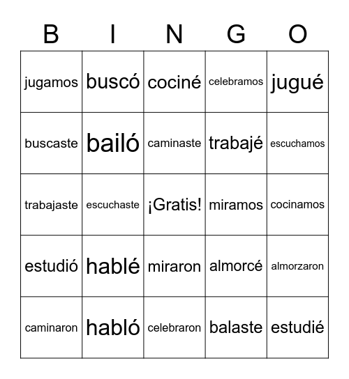 El Pretérito -ar Bingo Card