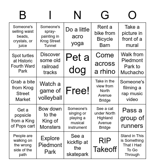 Eastside BeltLine Bingo Card