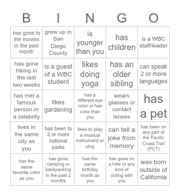 WBC Reunion 2023 Bingo Card