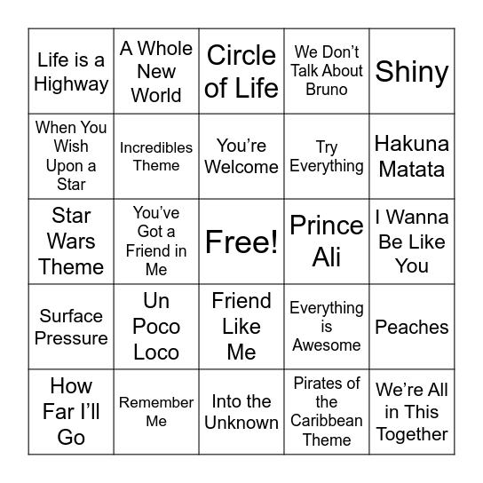 Movie Song Bingo Card