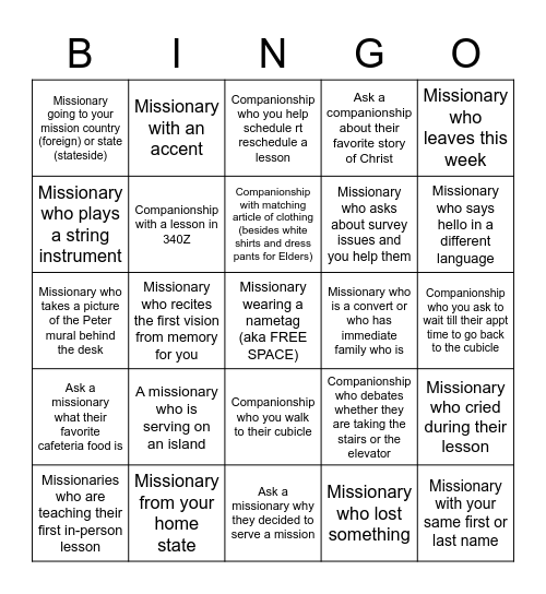 Missionary Bingo Card