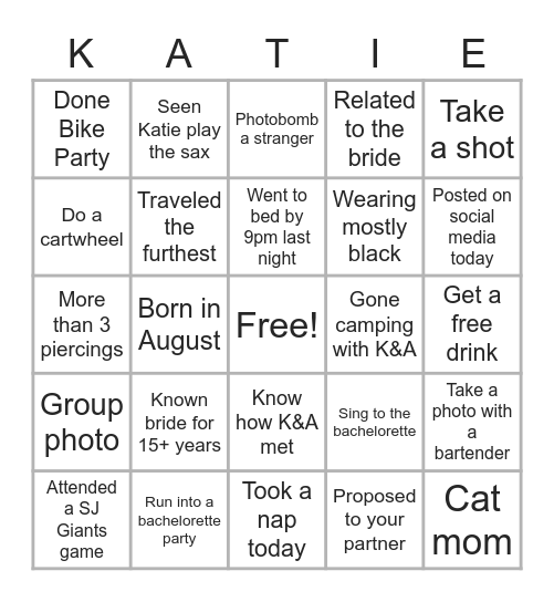 Katie’s Bachelorette Bingo Card