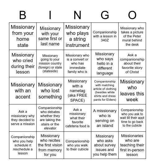 Missionary Bingo Card