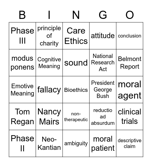 Medical Ethics Bingo Card