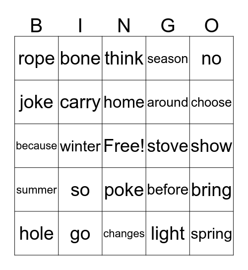 1st Grade lesson 16  Bingo Card