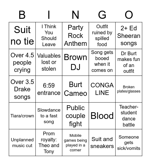 Official 2023 Prom Bingo Card