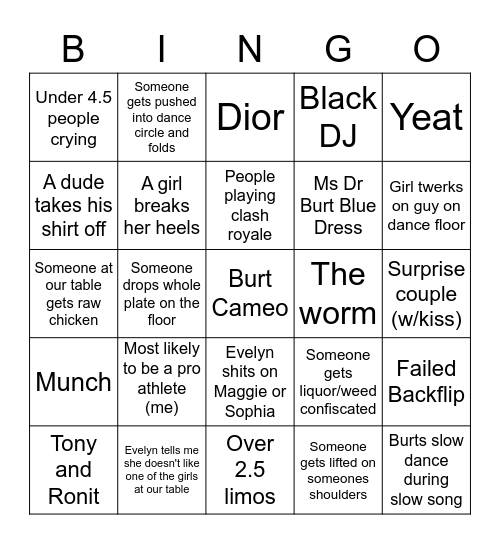 Prom Bingo Card