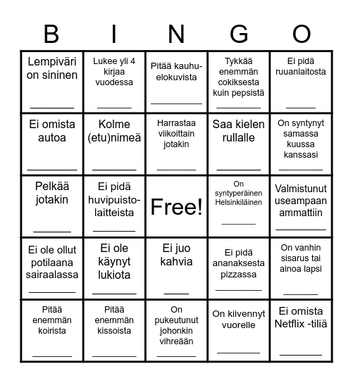 Kehittämispäivän bingo - etsi henkilö kuka Bingo Card